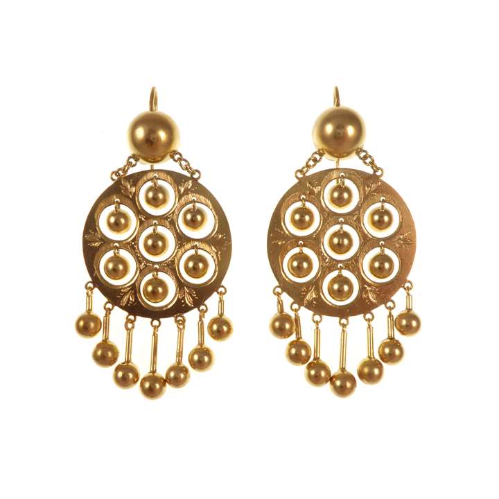 Pair of gold circle and ball fringe earrings